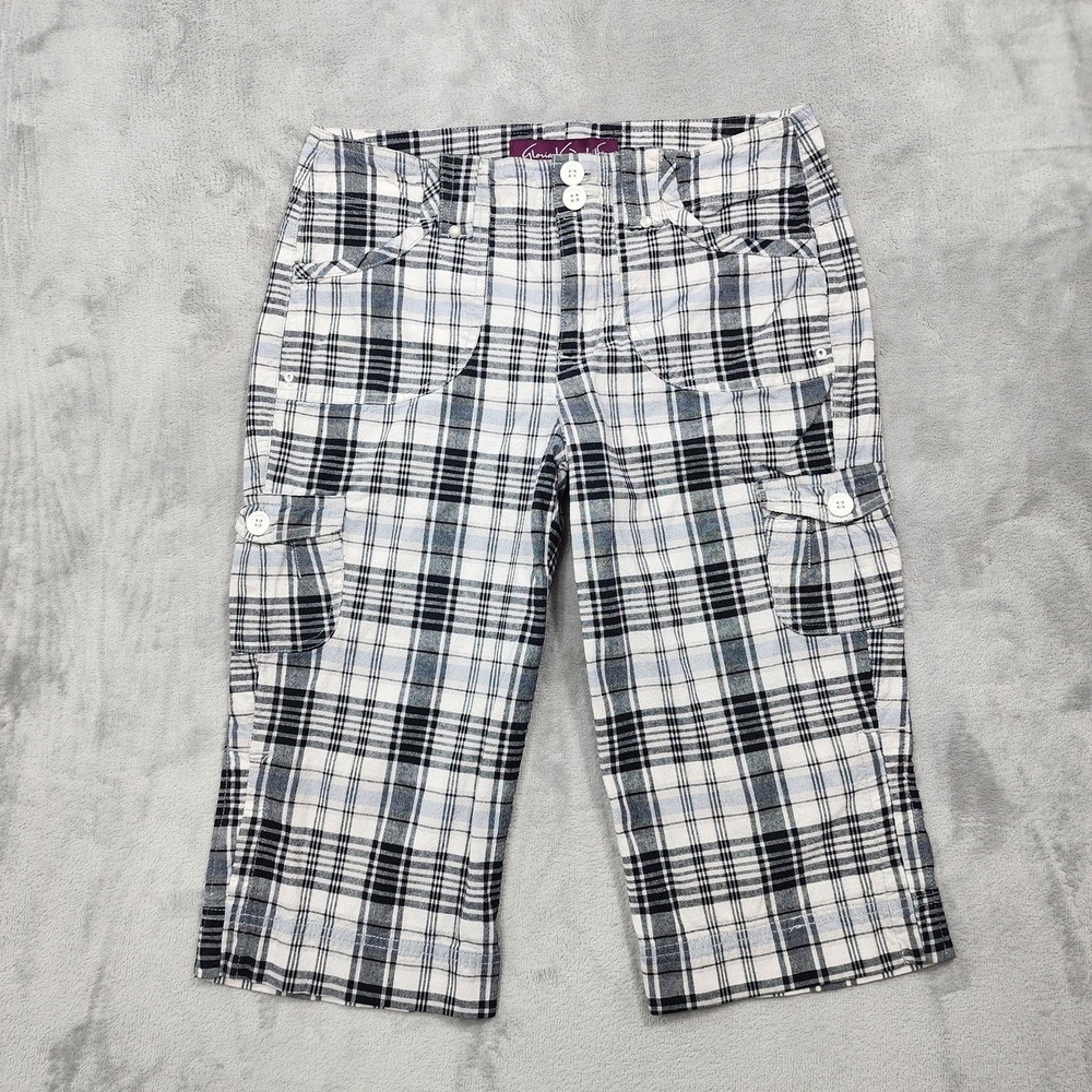 Gloria Vanderbilt Pants Womens 6 Blue White Plaid Twill Capri Cargo Stretch